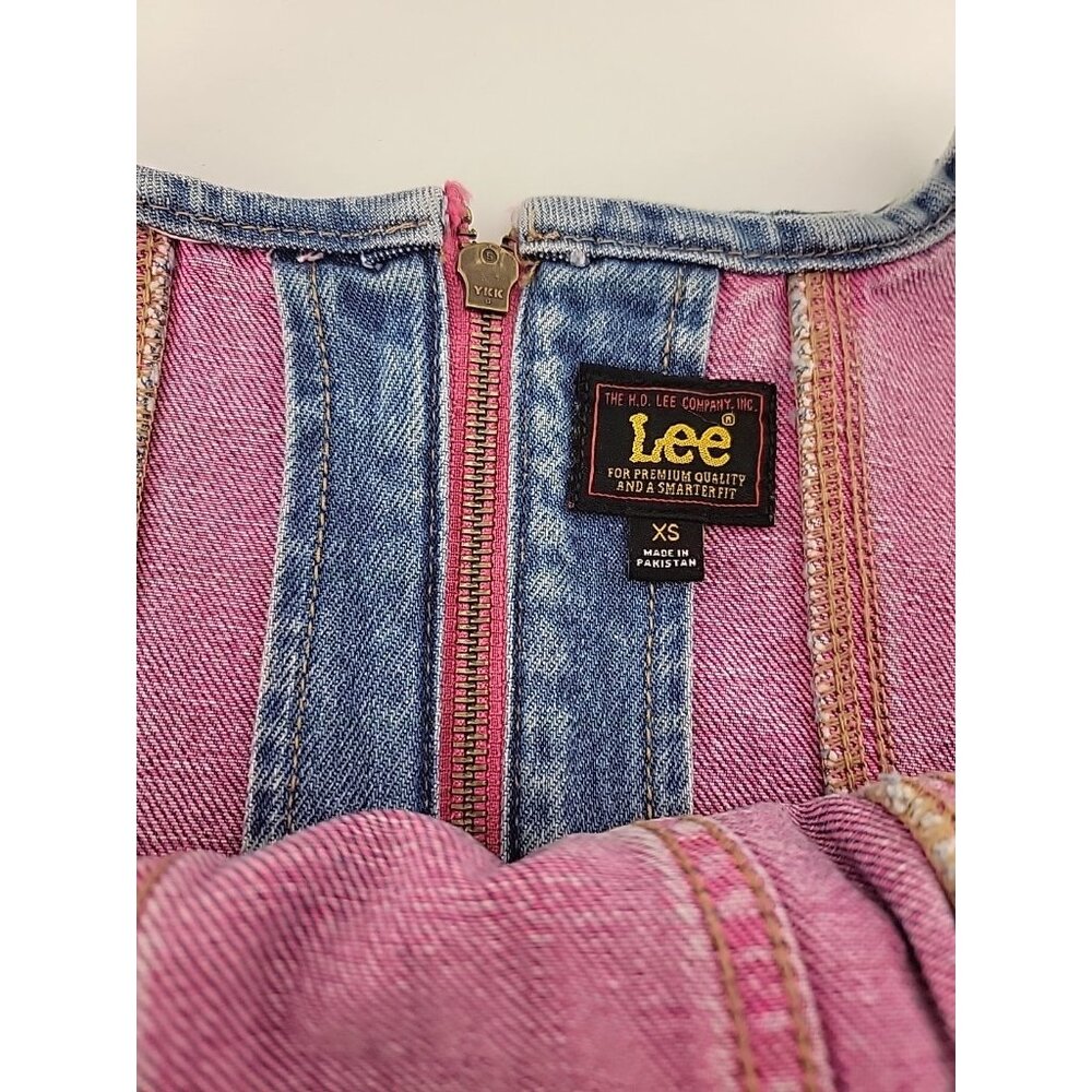 New Lee Denim Crop Tank Top With Pink Frayed Trim Zip Back Jean Sz XS - Picture 5 of 7